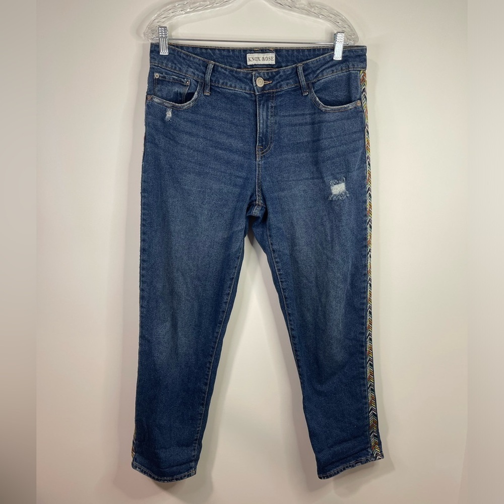 Know Rose distressed embroidered striped cropped‎ jeans.